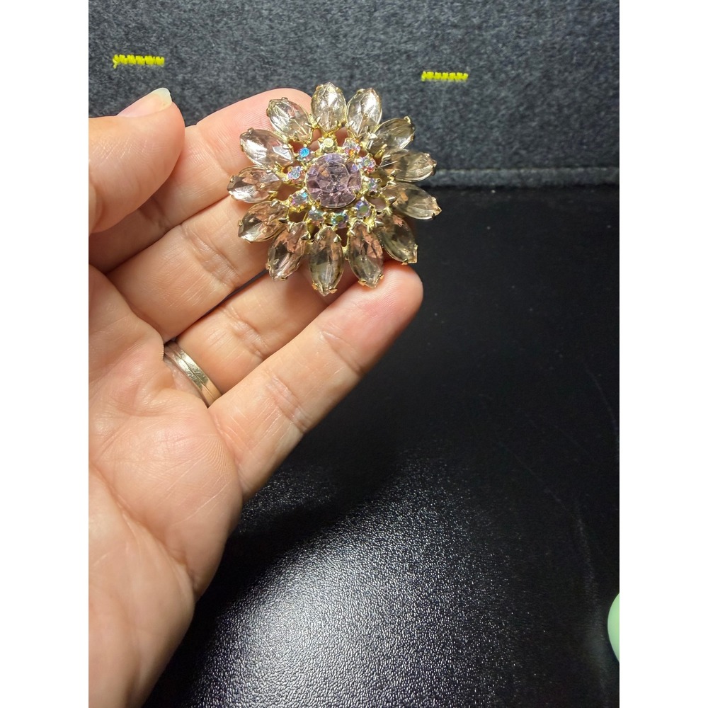 Vintage Purple Sunburst Rhinestone Brooch Pendant Gold Tone Floral Pin‎ AB Stone